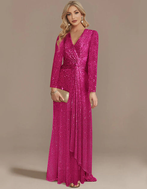 Long Sleeve V-Neck Evening Dress